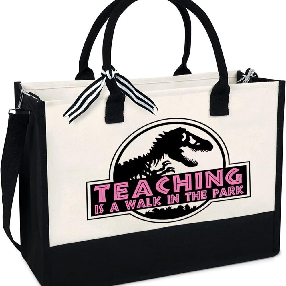 Teacher Tote Bag Canvas Large Capacity Zipper Pouch Adjustable Straps